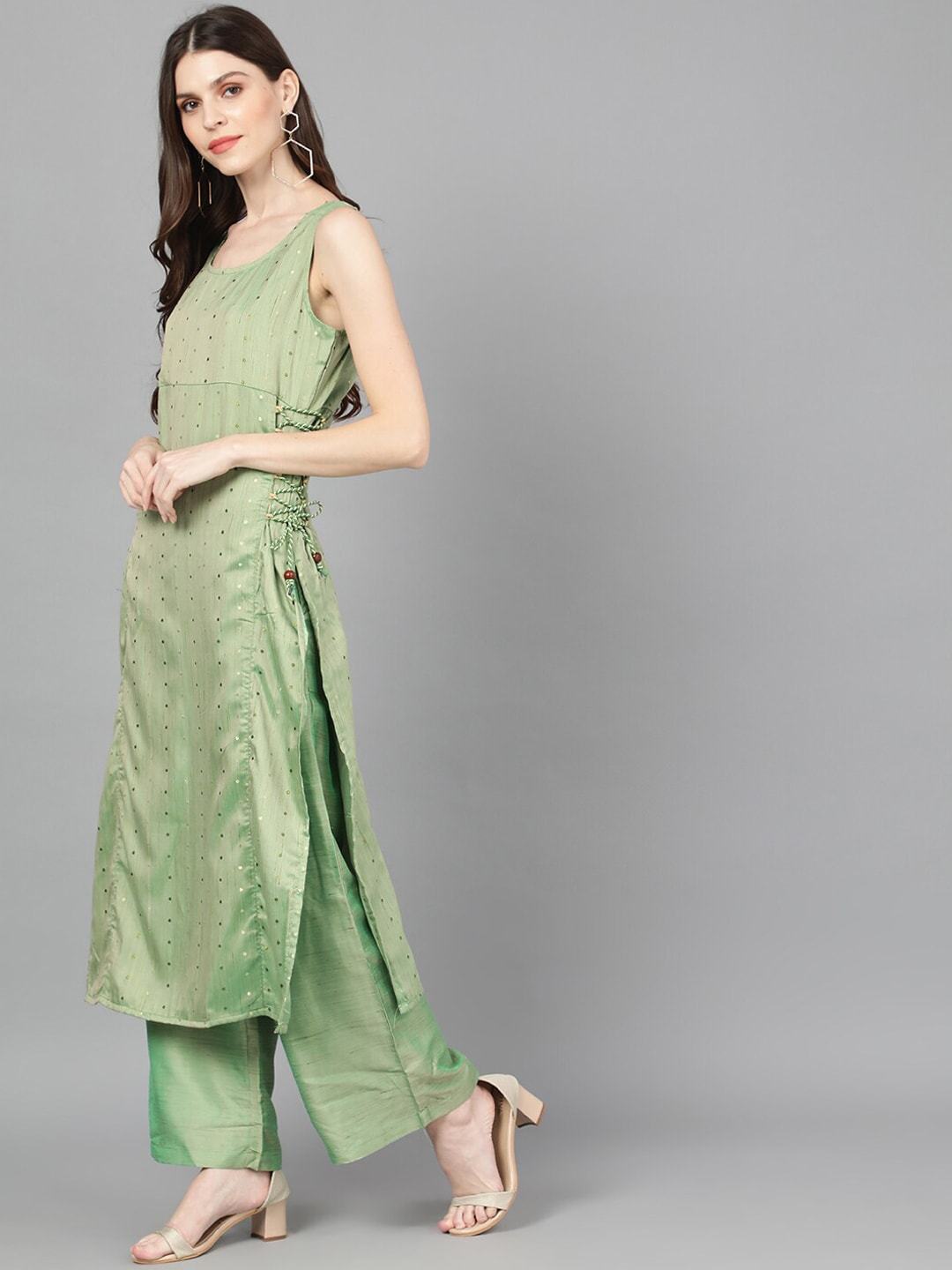 Women's  Green Dobby Woven Design Straight Kurta