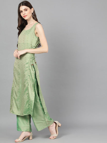 Women's  Green Dobby Woven Design Straight Kurta