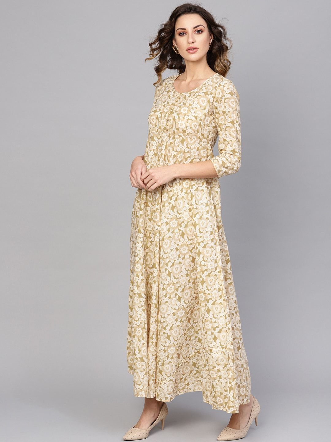 Women's  Off-White & Beige Floral Print Maxi Dress