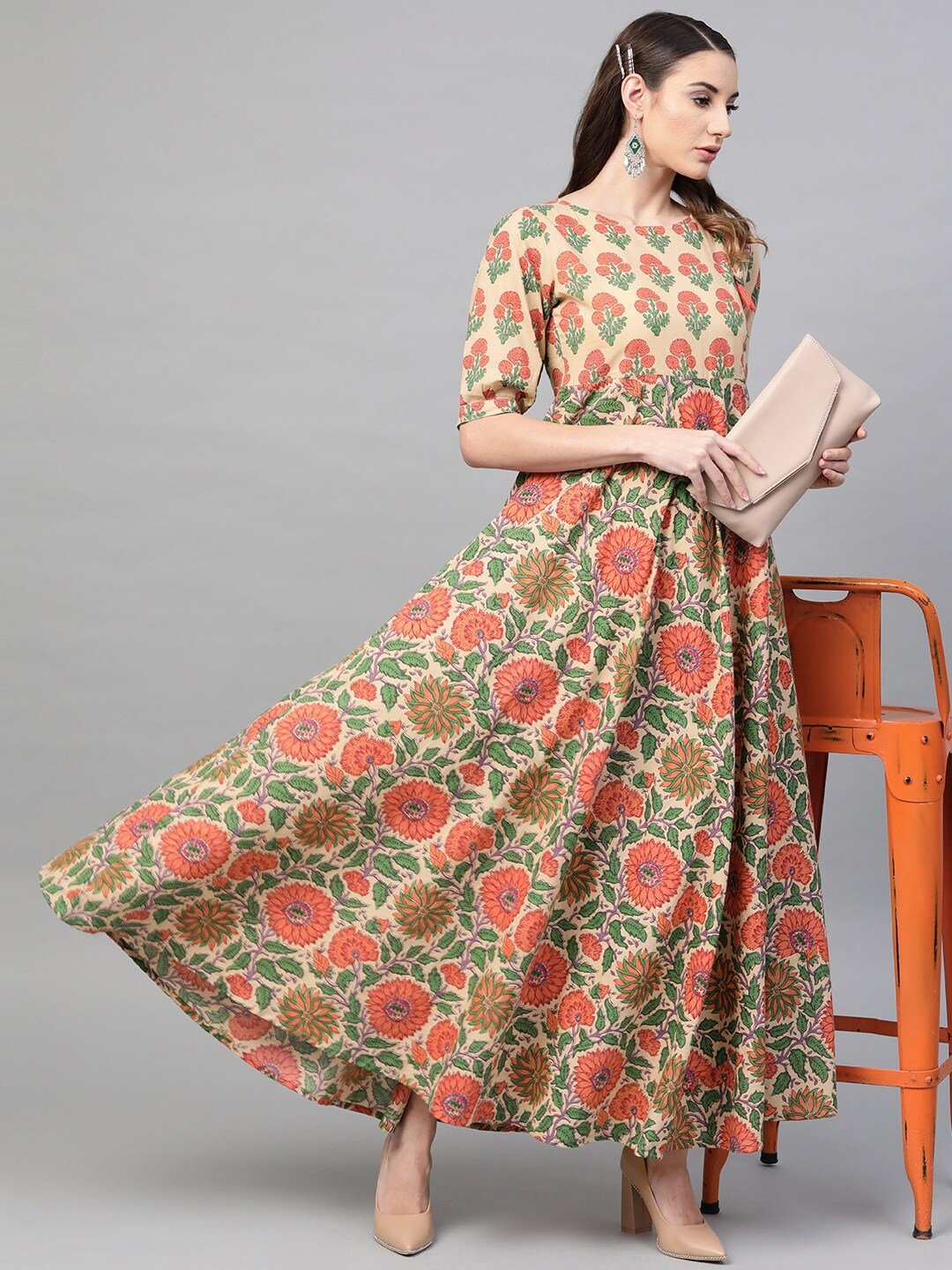 Women's  Beige & Orange Printed Maxi Dress