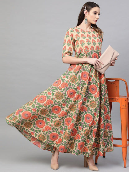 Women's  Beige & Orange Printed Maxi Dress