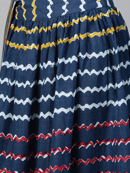 Women's  Navy Blue Printed Kurta with Skirt & Attached Dupatta