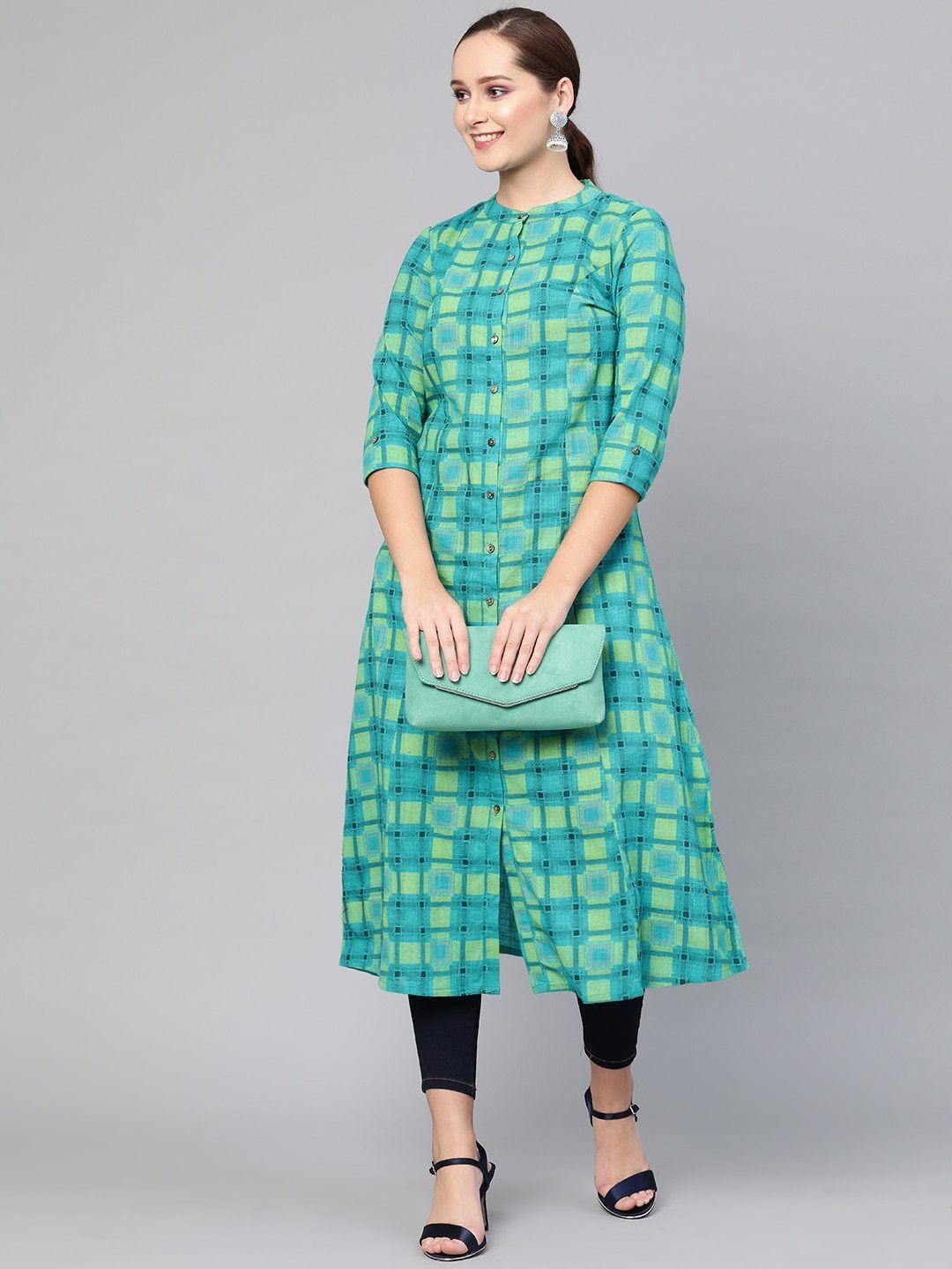 Women's  Blue & Green Checked A-Line Kurta