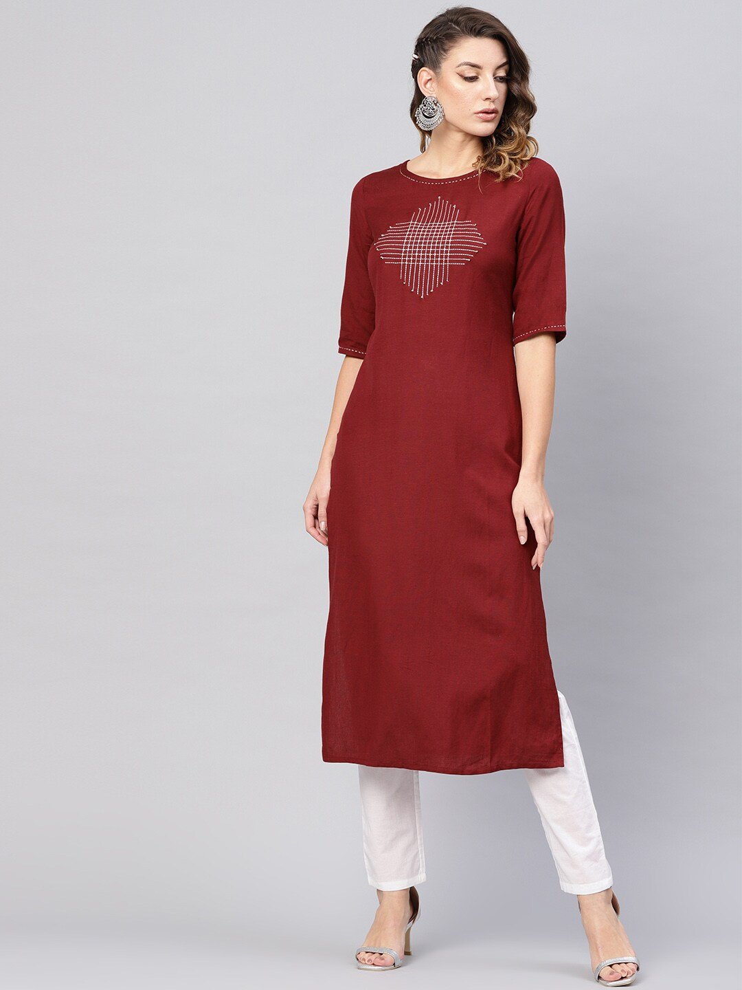 Women's  Maroon Yoke Design Straight Kurta