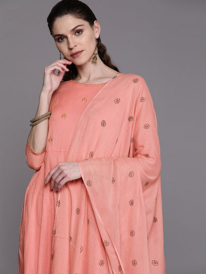 Women's  Peach-Coloured & Golden Yoke Design Anarkali Kurta With Dupatta