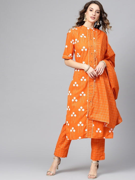 Women's  Orange & White Block Printed Kurta with Trousers & Dupatta