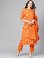 Women's  Orange & White Block Printed Kurta with Trousers & Dupatta