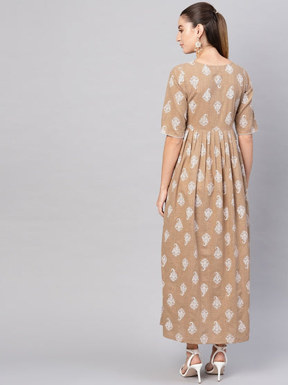 Women's  Beige & White Pleated Khari Print Maxi Dress