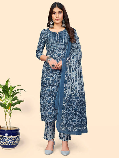 Women's Print & Embroidered Straight Cotton Blue Stitched Kurta Pant With Dupatta