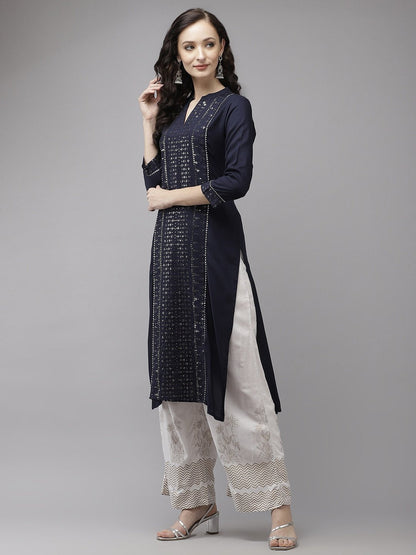 Women's Navy Blue Regular Sequinned Kurta Set