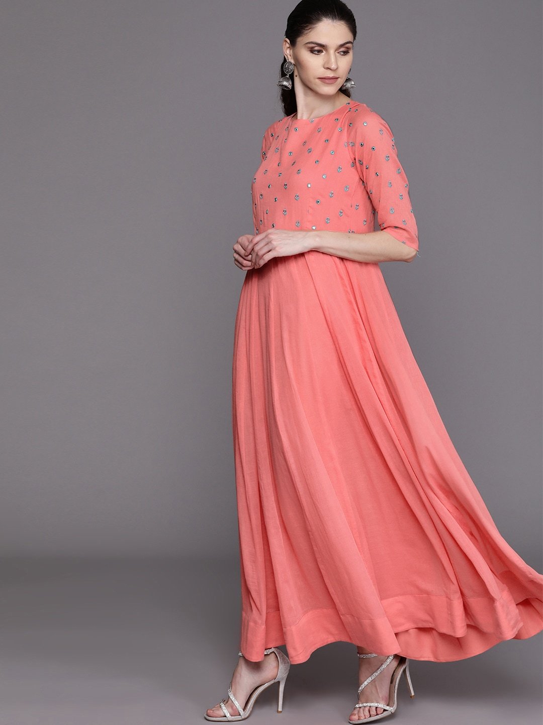Women's  Peach-Coloured & Teal Blue Yoke Design Anarkali Kurta With Dupatta
