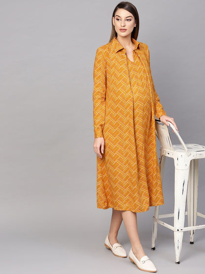 Women's  Mustard Yellow Printed Maternity Shirt Dress