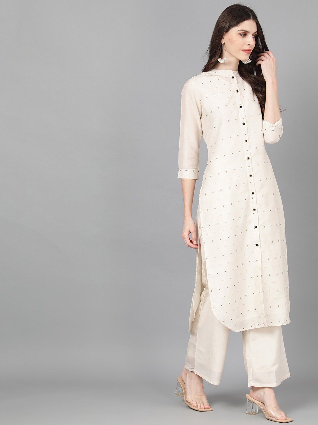 Women's  Off-White & Gold-Coloured Woven Design Straight Kurta