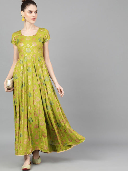 Women's  Green Printed Ethnic Maxi Dress