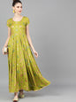 Women's  Green Printed Ethnic Maxi Dress