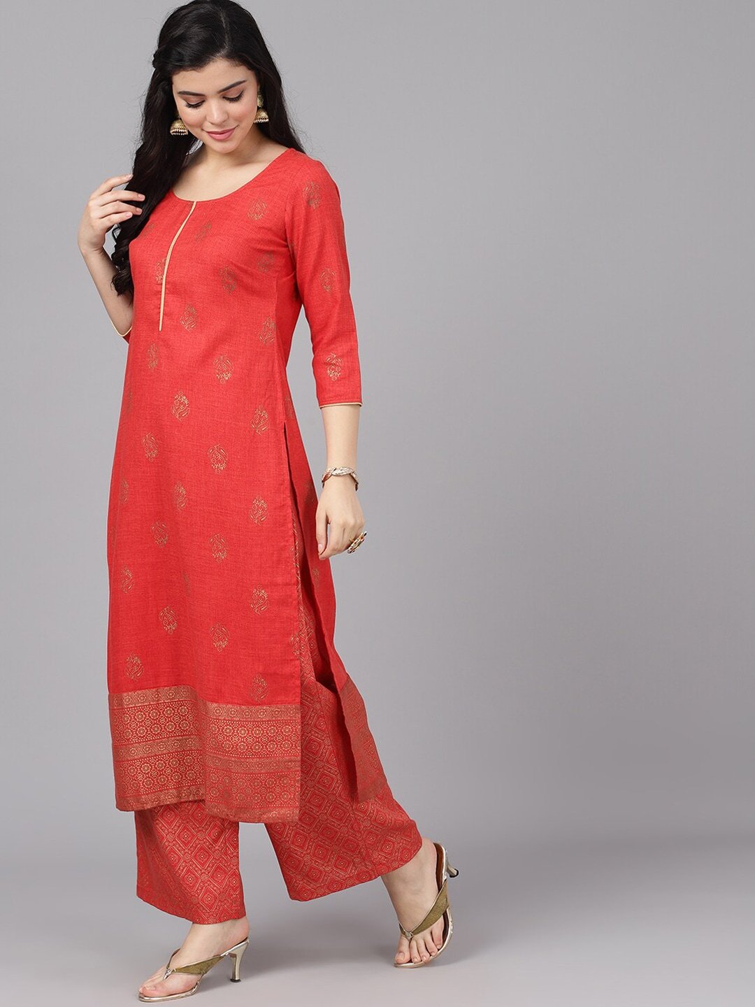 Women's  Red & Gold-Toned Printed Kurta with Palazzos