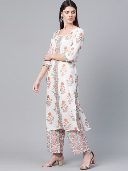 Women's  White & Pink Floral Foil Print Kurta with Palazzos