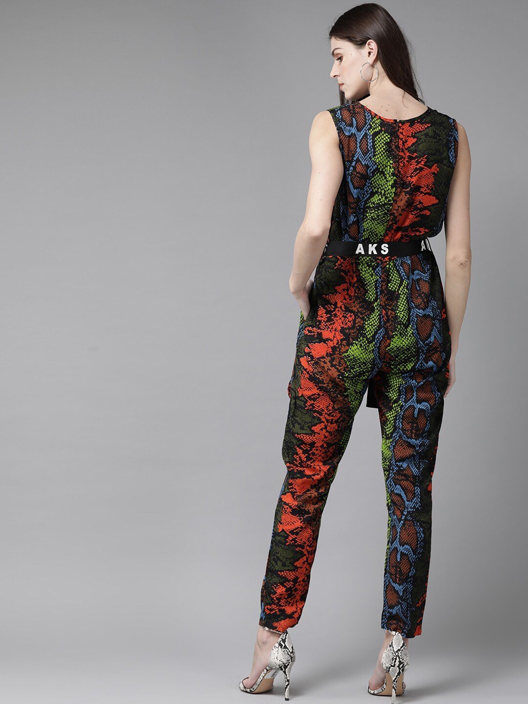 Women's  Orange & Black Snake Printed Basic Jumpsuit
