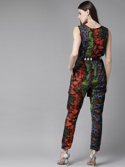 Women's  Orange & Black Snake Printed Basic Jumpsuit