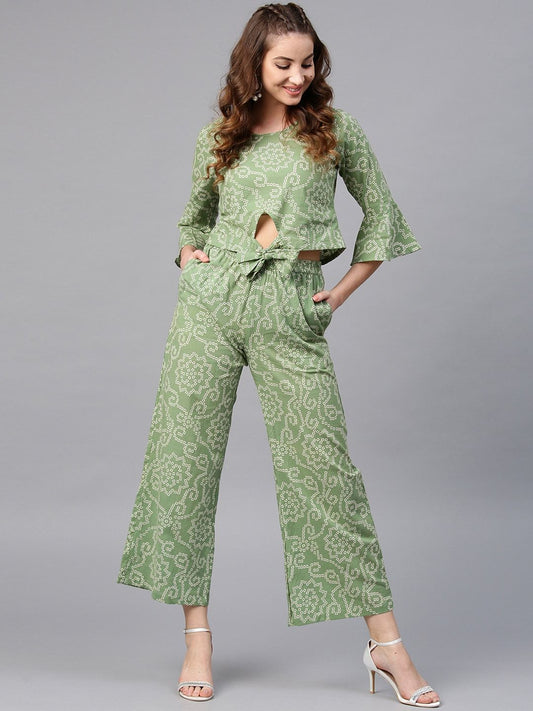Women's  Green & White Printed Top with Palazzos