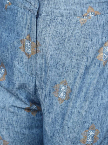 Women's  Blue & Gold-Coloured Printed Kurta with Trousers