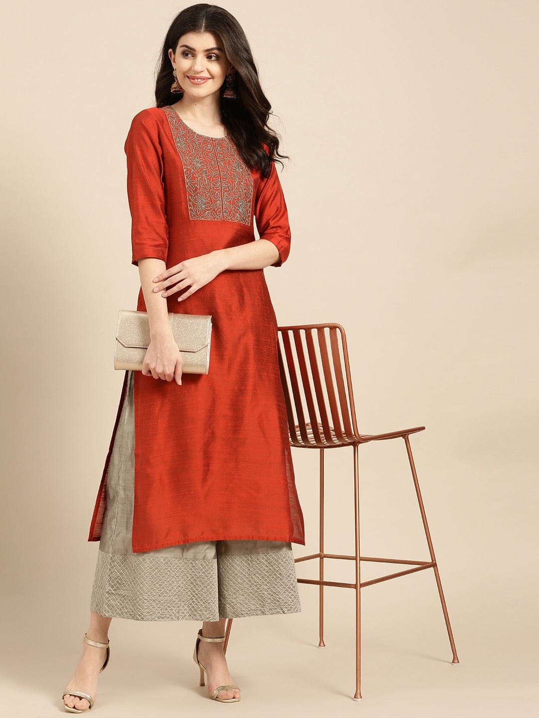 Women's Rust Red & Green Yoke Design Straight Kurta With Zari Detail