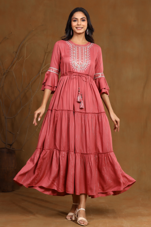 Women's Rosepink Rayon Lurex Embroidered Tiered Dress
