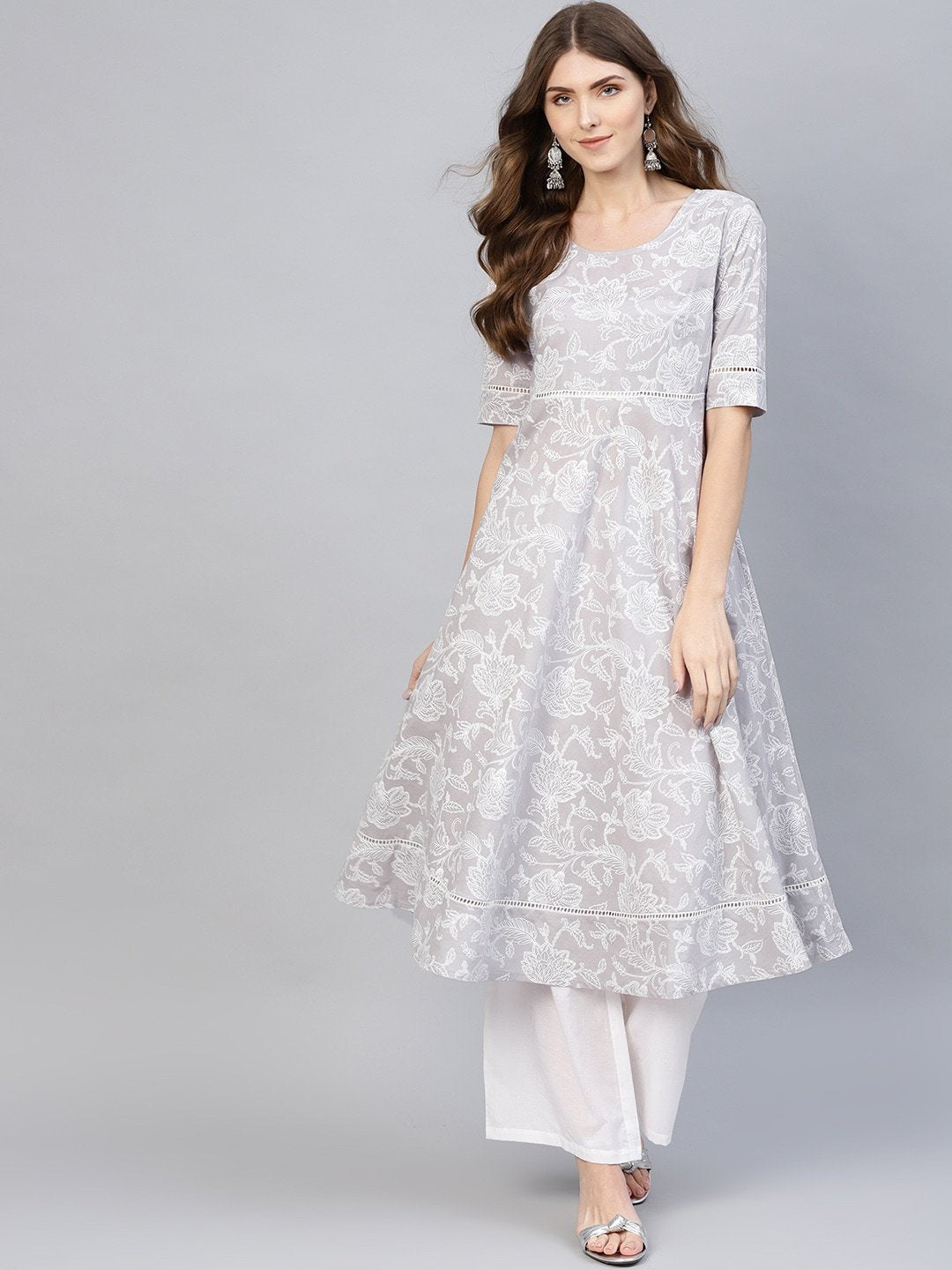 Women's  Grey & White Floral Khari Print A-Line Kurta