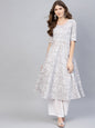 Women's  Grey & White Floral Khari Print A-Line Kurta