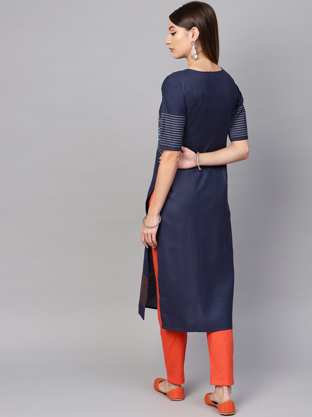 Women's  Navy Blue & Orange Block Print Straight Kurta