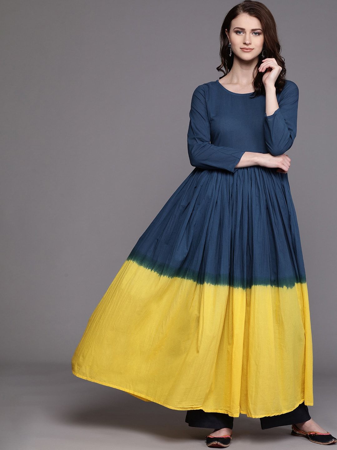 Women's  Navy Blue & Yellow Dyed Anarkali Kurta