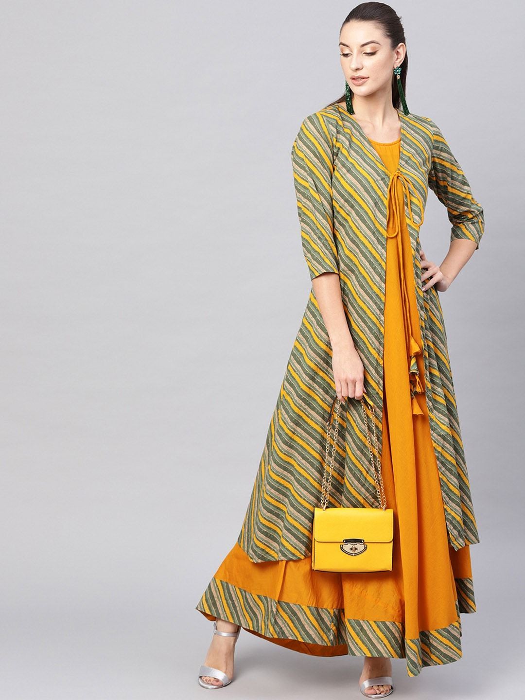 Women's  Green & Mustard Yellow Printed Layered Maxi Dres