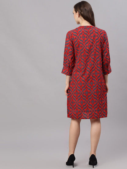 Women's  Red Ikat Printed A-Line Dress