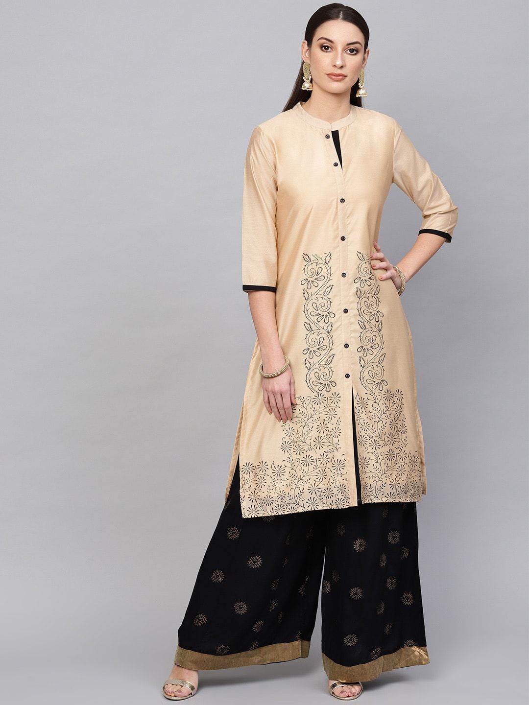 Women's  Beige & Black Printed Straight Kurta
