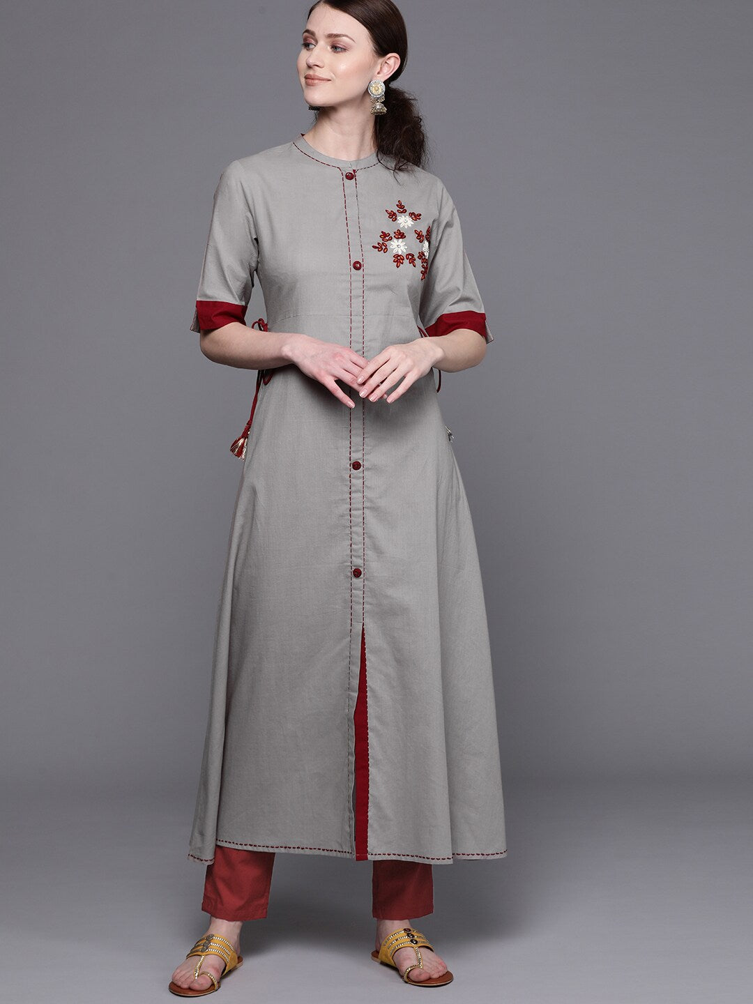 Women's Grey embroidered A-line kurta