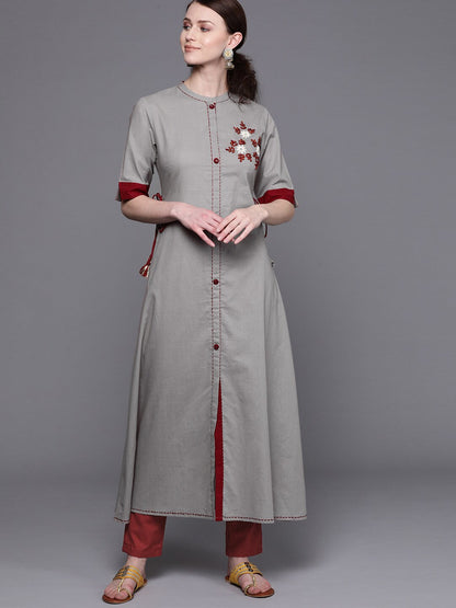Women's Grey embroidered A-line kurta
