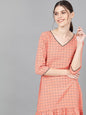Women's  Peach-Coloured Checked Drop-Waist Dress