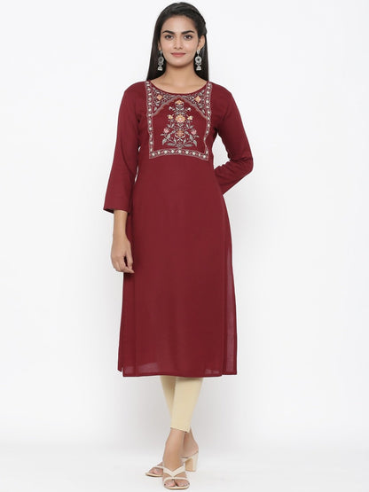 Women's Maroon Embroidered Kurta
