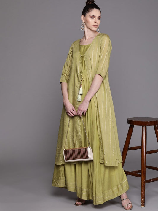 Women's  Olive Green & Golden Striped Layered Maxi Dress