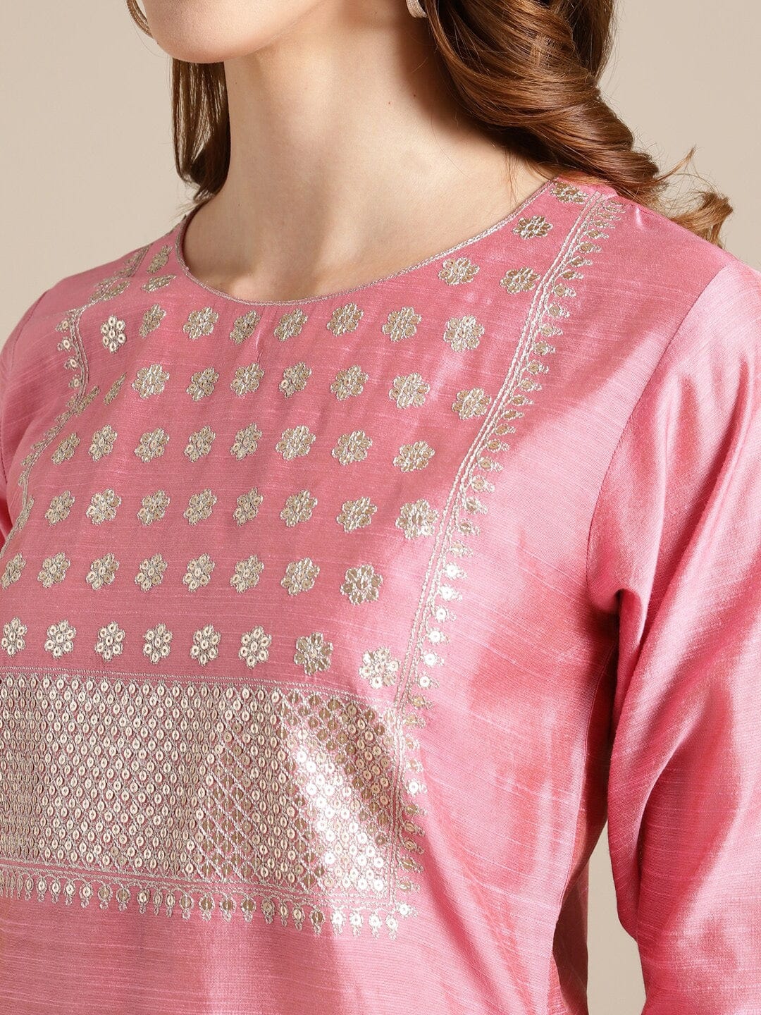 Women's Pink Floral Embroidered Thread Work Kurta with Trousers & With Dupatta