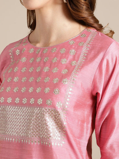 Women's Pink Floral Embroidered Thread Work Kurta with Trousers & With Dupatta