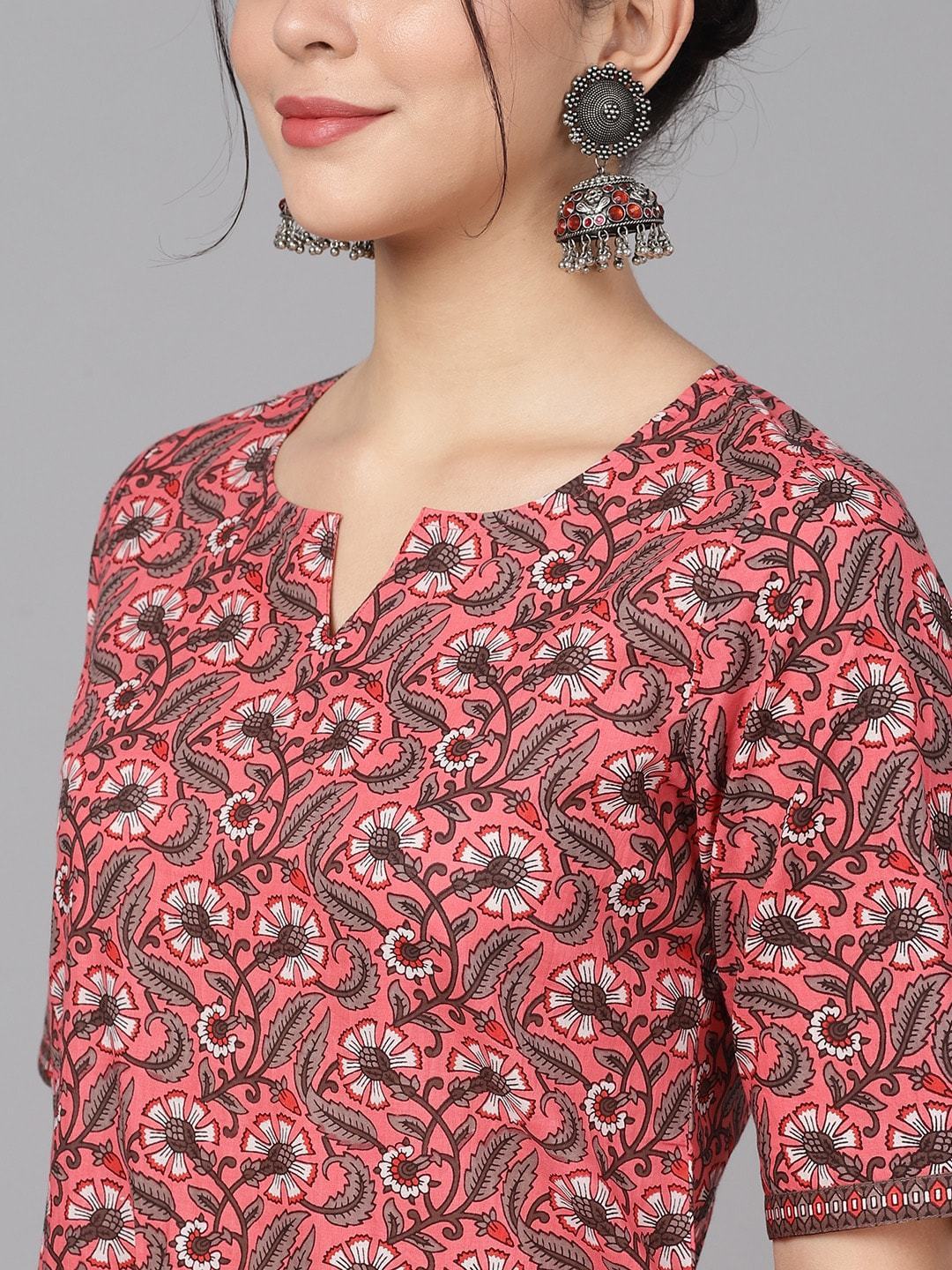 Women's  Mauve & Charcoal Grey Floral Print Kurta with Skirt