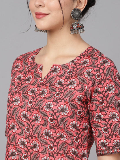 Women's  Mauve & Charcoal Grey Floral Print Kurta with Skirt