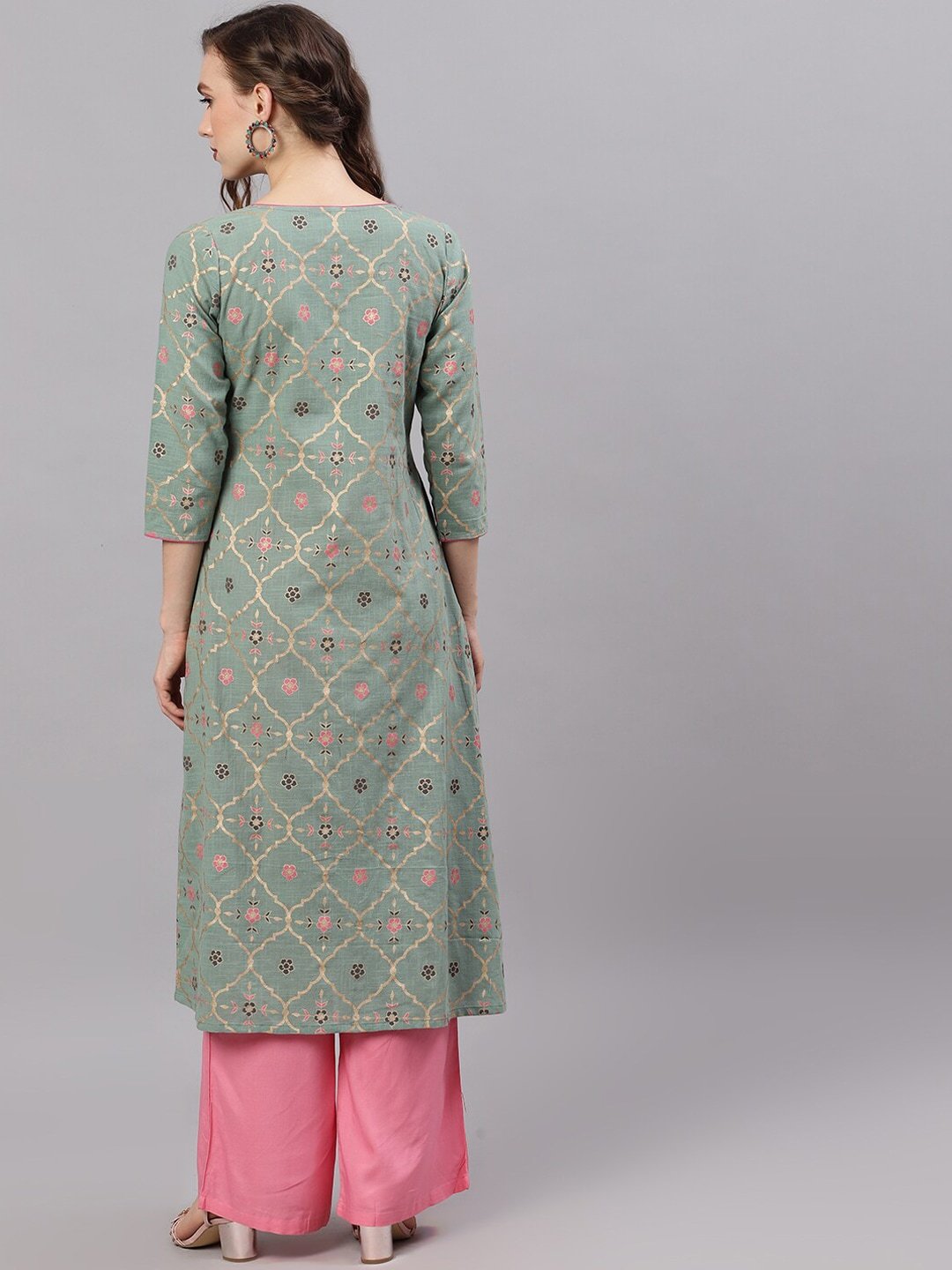 Women's  Green & Pink Printed Straight Kurta