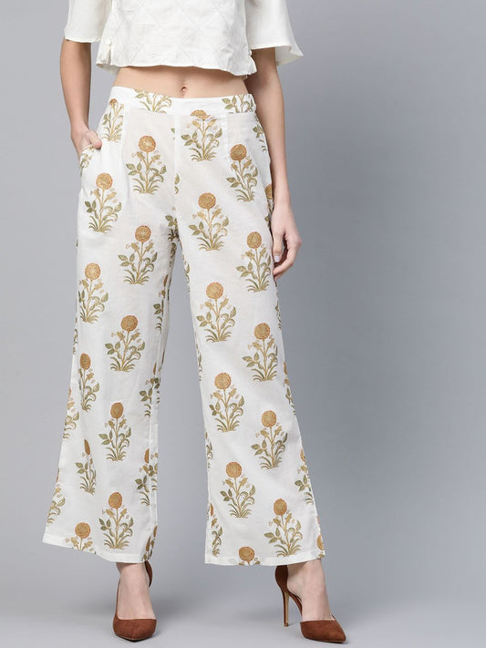 Women's  Off-White & Golden Printed Straight Palazzos