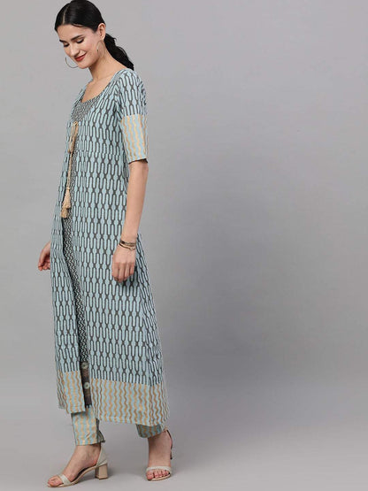 Women's  Grey & Blue Printed Kurta with Trousers