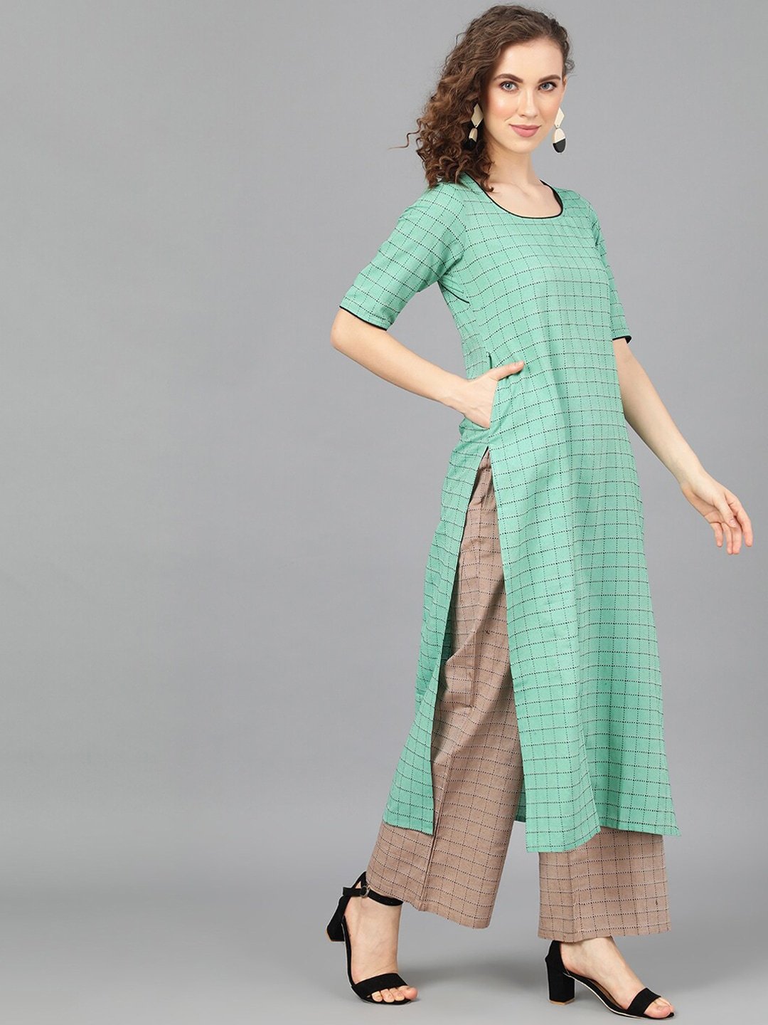 Women's  Green & Brown Checked Kurta with Palazzos