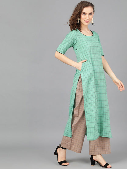 Women's  Green & Brown Checked Kurta with Palazzos