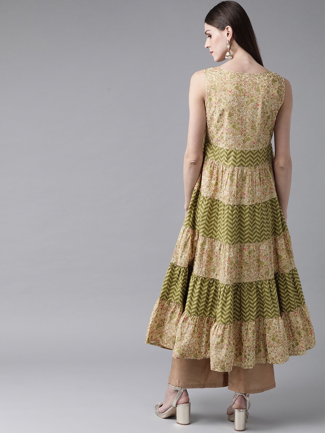 Women's  Cream-Coloured & Green Khari Print Tiered A-Line Kurta