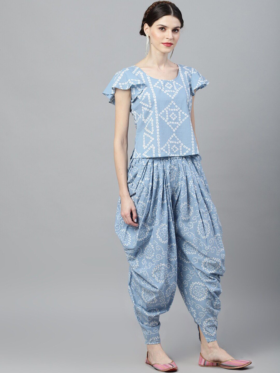 Women's Blue & White Printed Top With Dhoti Pant